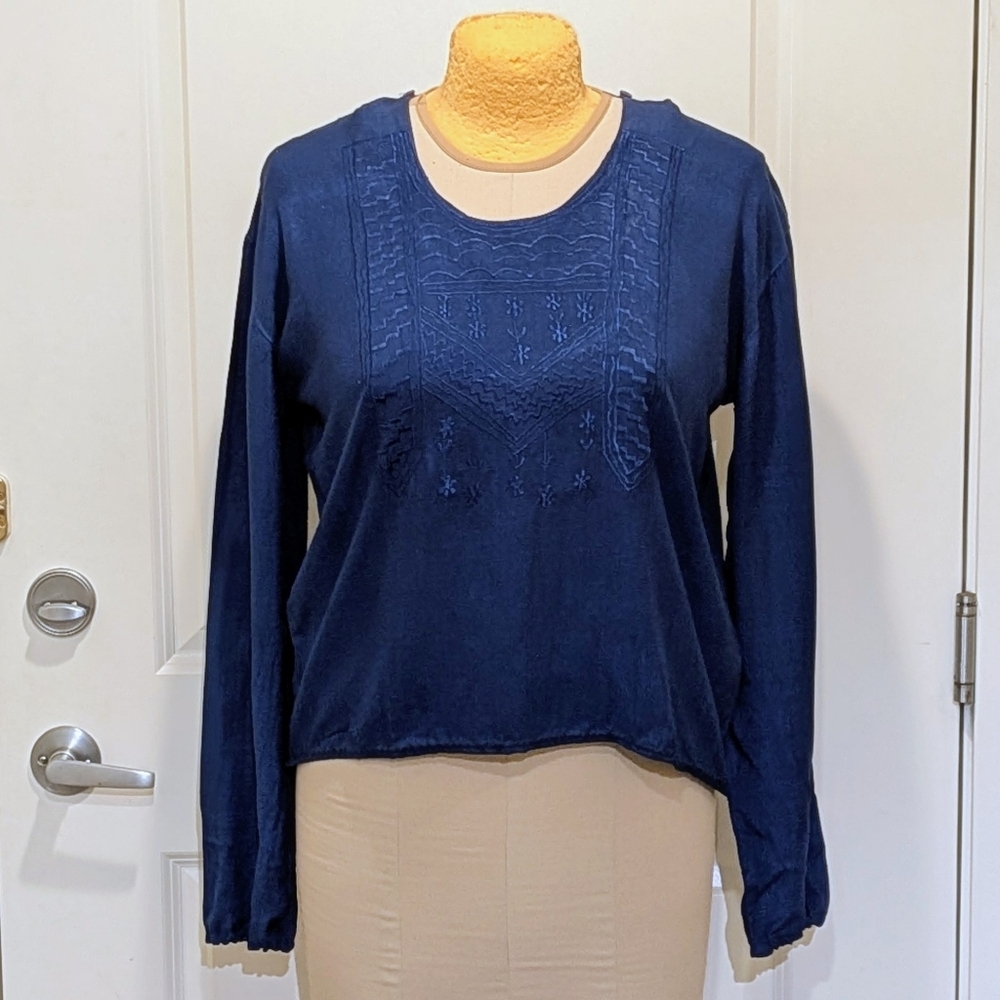 NWOT Beckwoman XL Royal Blue Embroidered Double Button Collar Boho Tunic Blouse